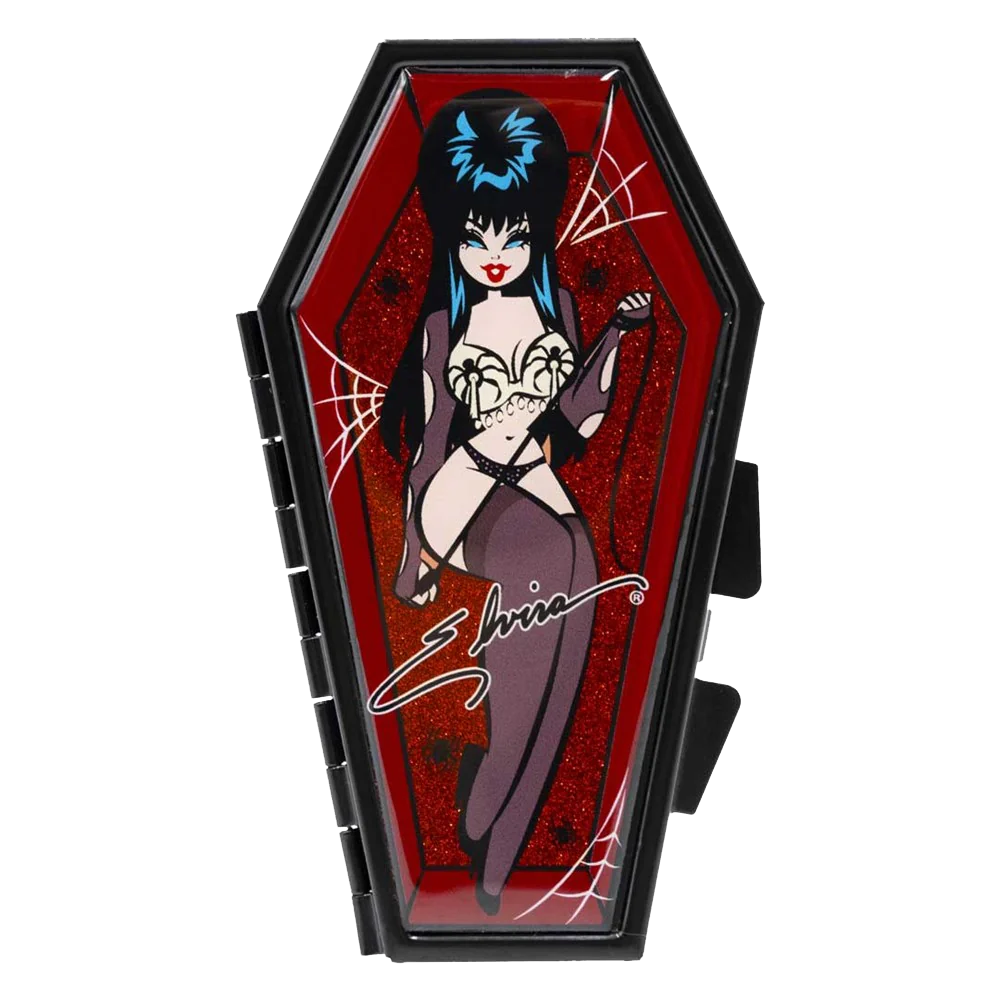 ELVIRA SPIDER RED GLITTER COFFIN COMPACT