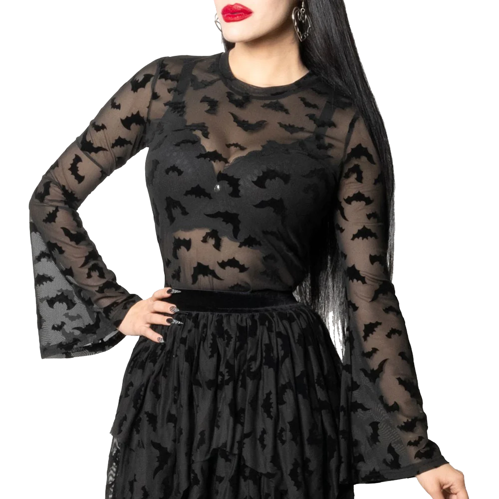 Bat Repeat Mesh Bell Sleeve Top