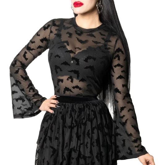Bat Repeat Mesh Bell Sleeve Top