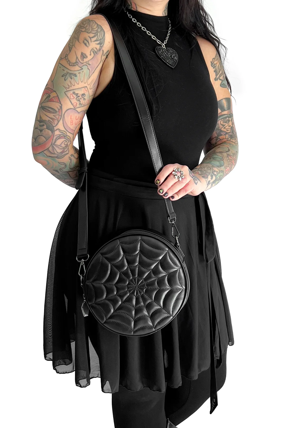 Convertible Round Spiderweb Crossbody - All Black