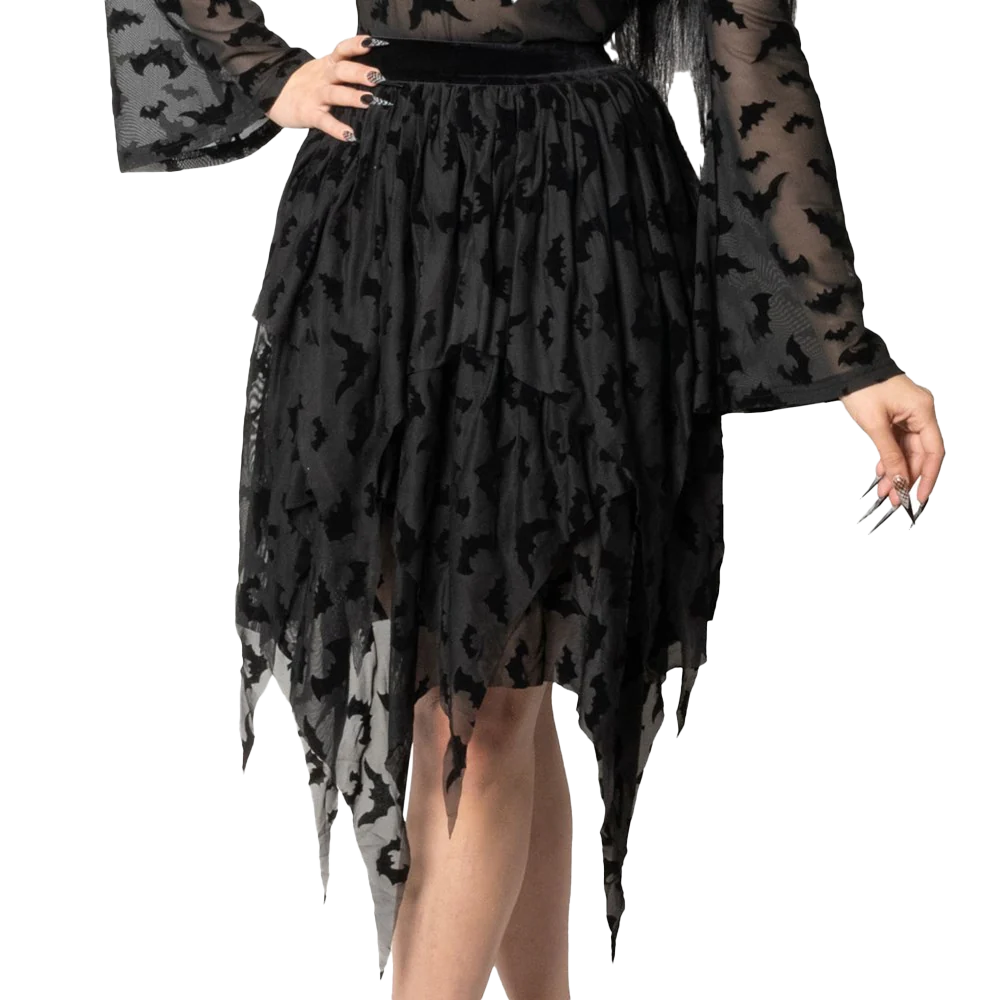 Bat Repeat Mesh Tiered Midi Skirt
