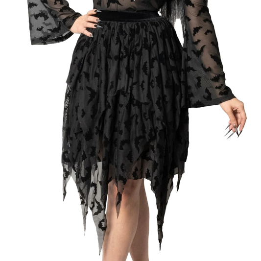 Bat Repeat Mesh Tiered Midi Skirt
