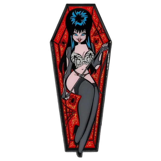 Elvira Spider Coffin Glitter Enamel Pin