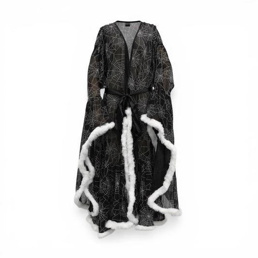 Western Evil Venoma Black Boudoir Feathered Robe | Gothic Glamour & Sheer Luxury Lingerie