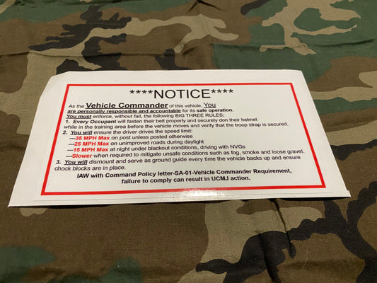 VEHICLE COMMANDER NOTICE DECAL