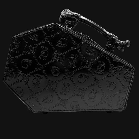 Embossed Patent Skull Crossbones Coffin Purse Bag