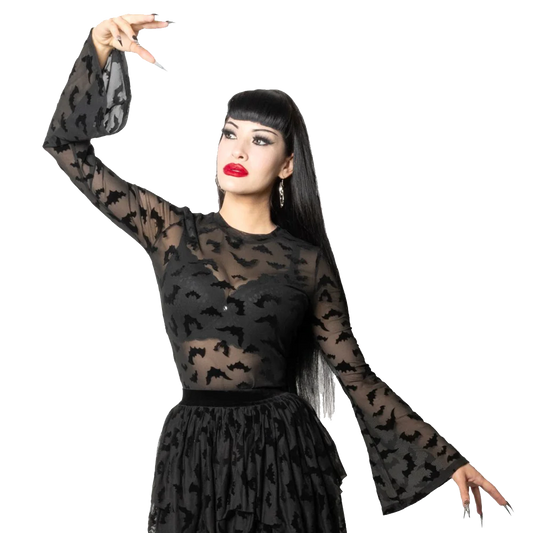Bat Repeat Mesh Bell Sleeve Top