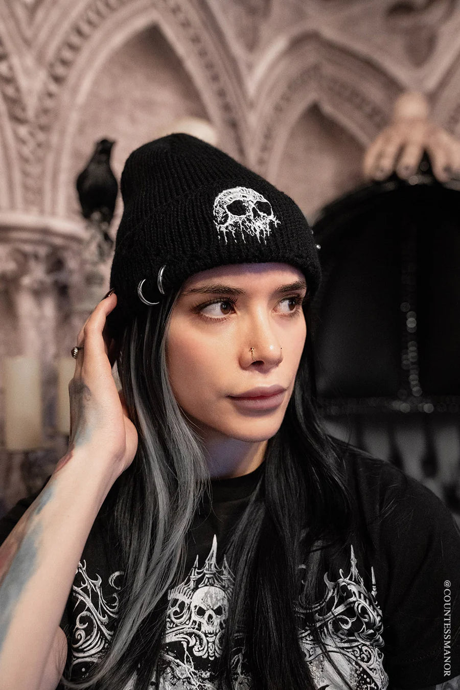 Distressed Pierced Beanie Skull Drip