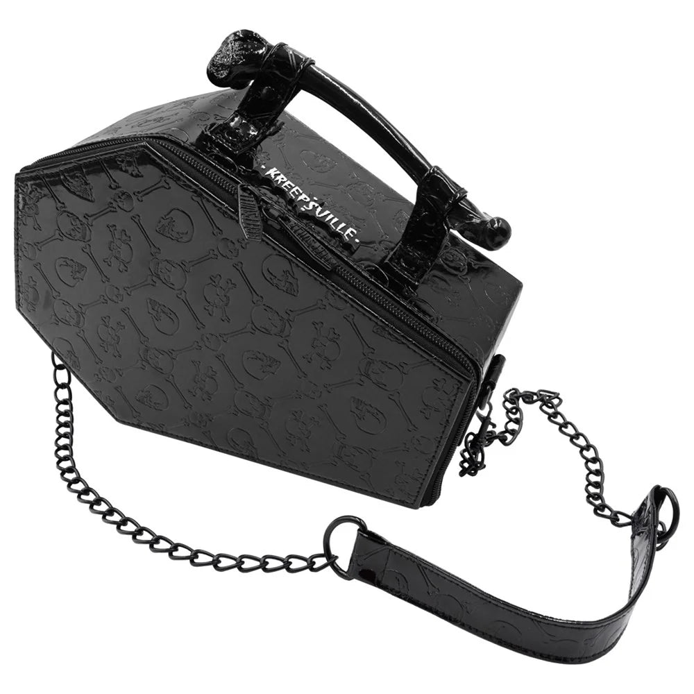 KREEPSVILLE Embossed Patent Skull Crossboned Coffin Purse Bag