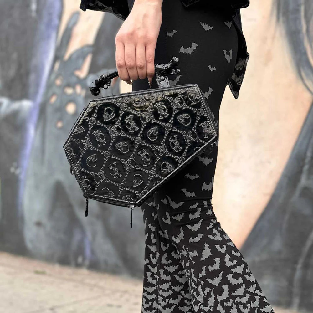 KREEPSVILLE Embossed Patent Skull Crossboned Coffin Purse Bag