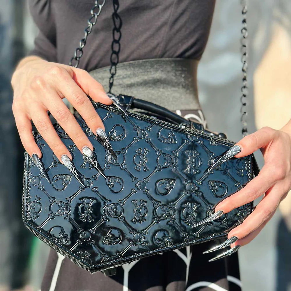KREEPSVILLE Embossed Patent Skull Crossboned Coffin Purse Bag