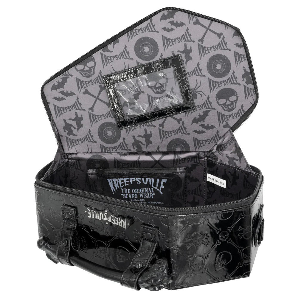 KREEPSVILLE Embossed Patent Skull Crossboned Coffin Purse Bag