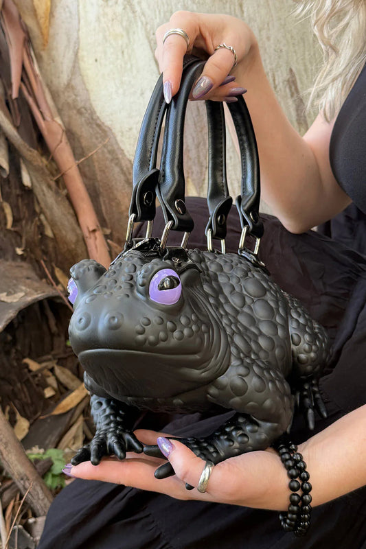WiNDY WILLOWS Black Toad Bag Purple Eyes
