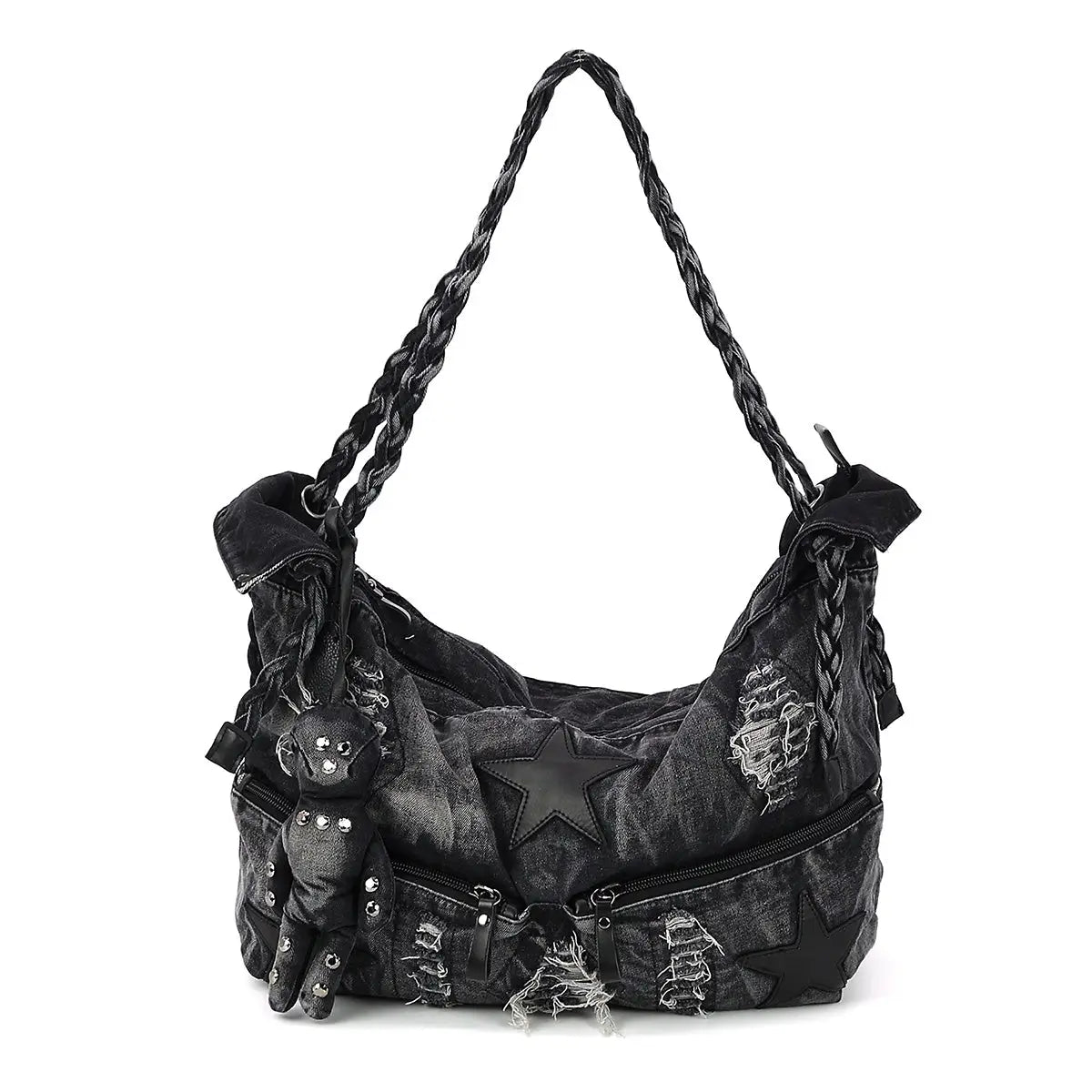 Vintage Washed Denim Hobo Bag with Star Motif in Cotton