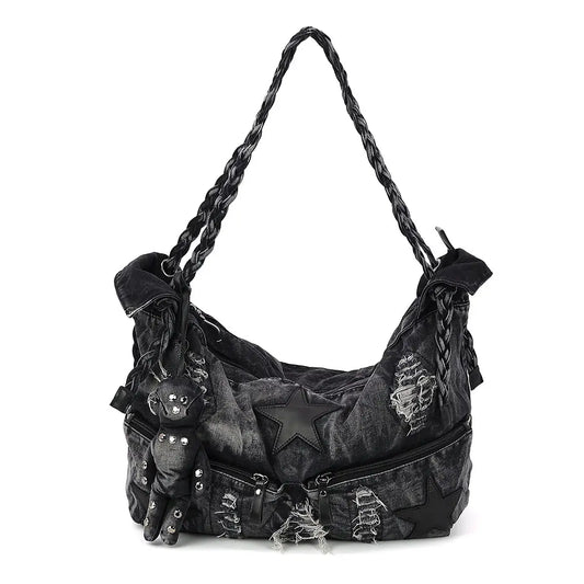 Vintage Washed Denim Hobo Bag with Star Motif in Cotton