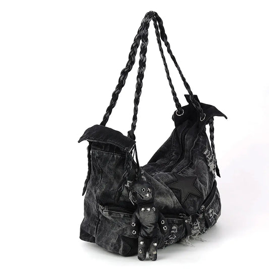 Vintage Washed Denim Hobo Bag with Star Motif in Cotton