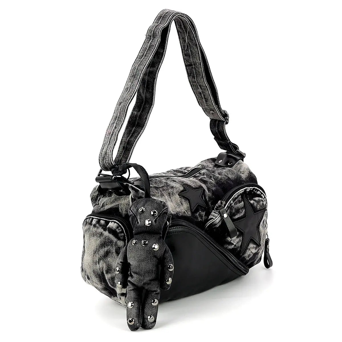 Vintage Washed Denim Shoulder Bag with Star Motif