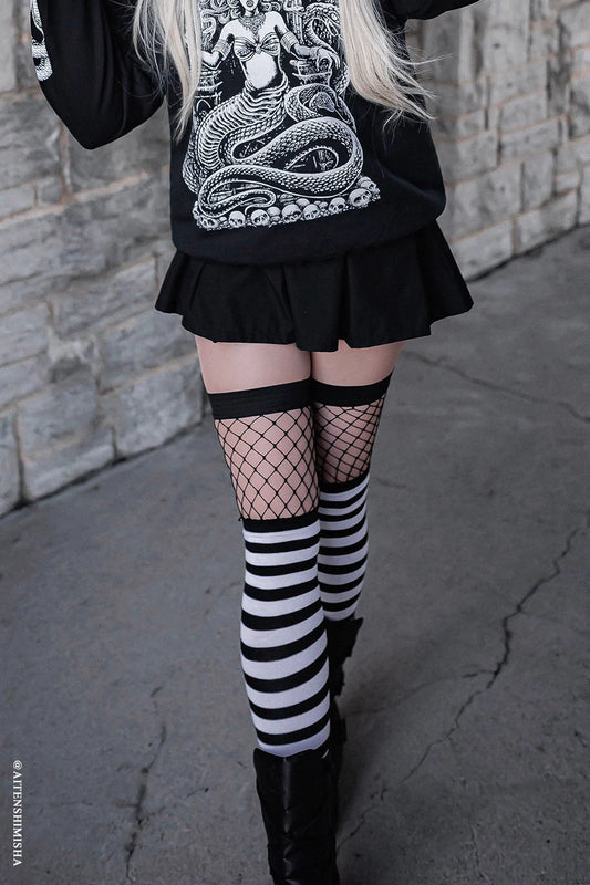 Fishnet Garter Thigh High Socks Black/White