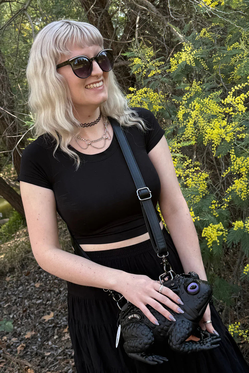 WiNDY WILLOWS Black Toad Bag Purple Eyes