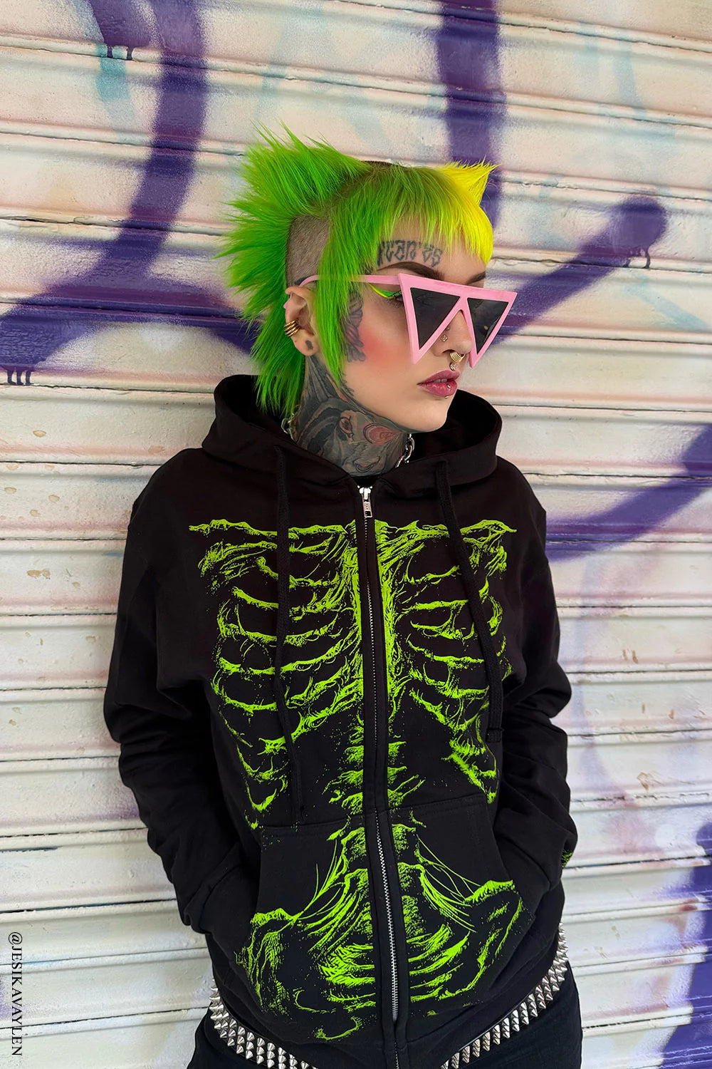 Zombie Rot Skeleton Zipper Hoodie [Monster Green]