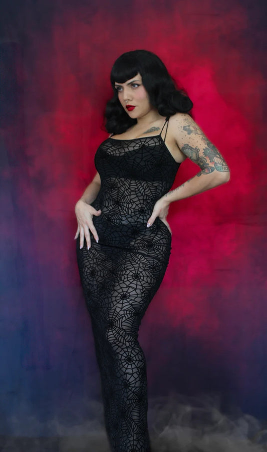 Sheer Hourglass Maxi Dress Velvet Flocked Spiderwebs