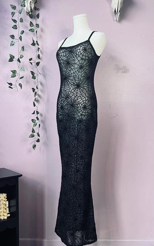 Sheer Hourglass Maxi Dress Velvet Flocked Spiderwebs