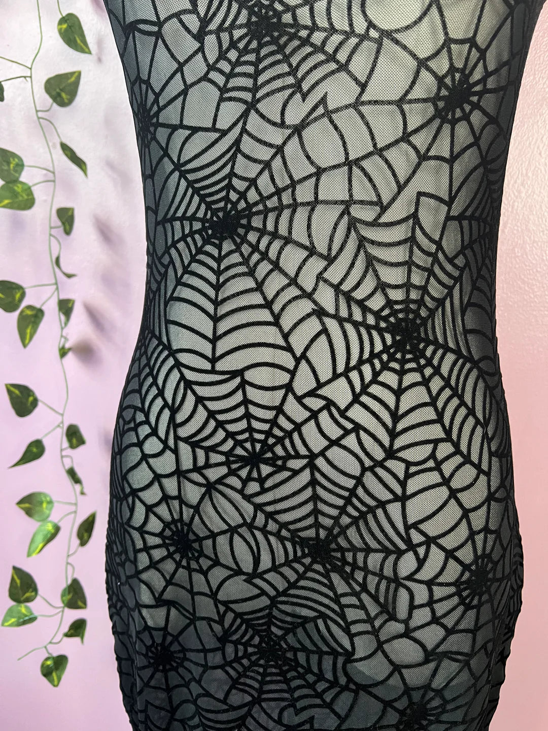 Sheer Hourglass Maxi Dress Velvet Flocked Spiderwebs