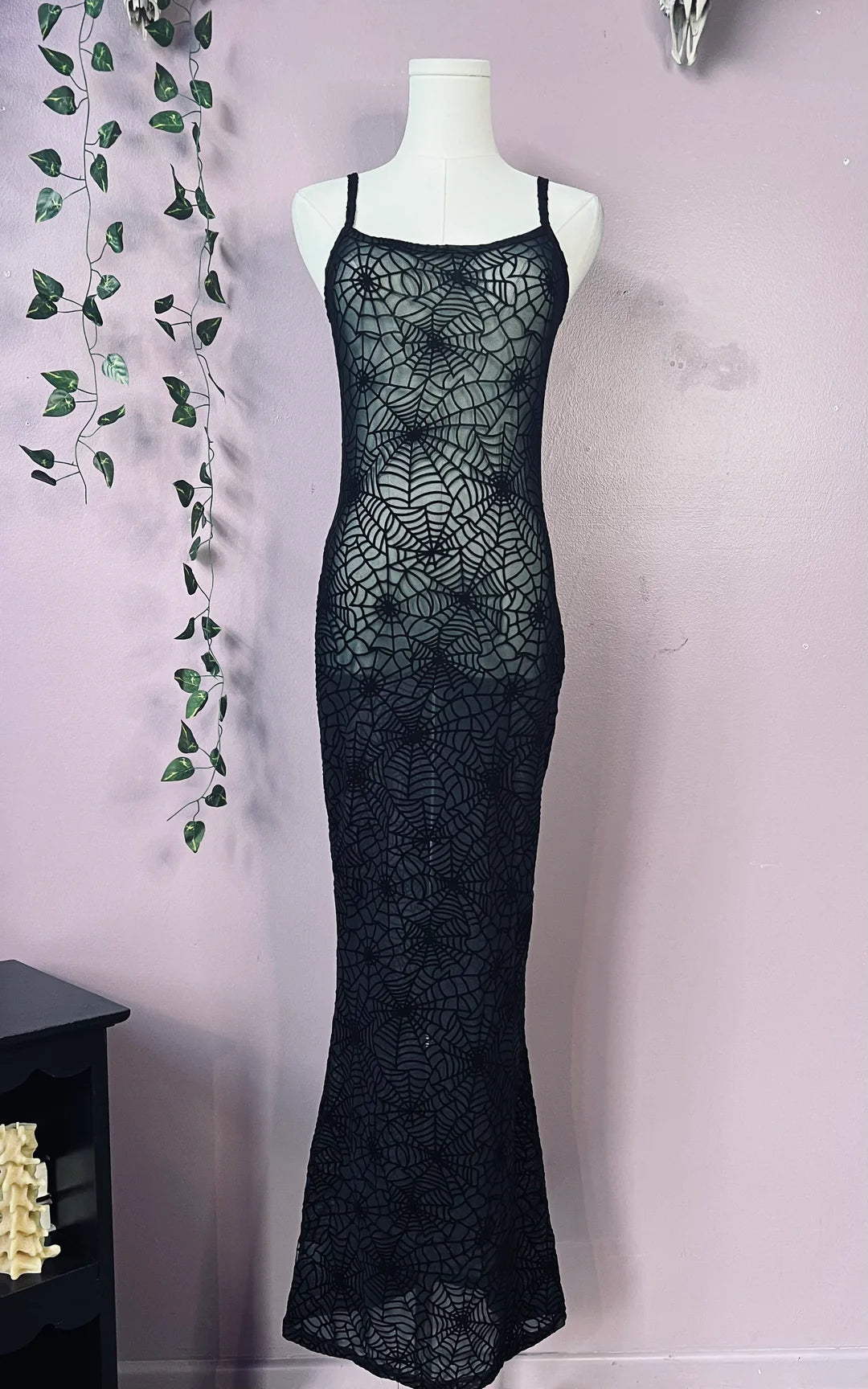 Sheer Hourglass Maxi Dress Velvet Flocked Spiderwebs