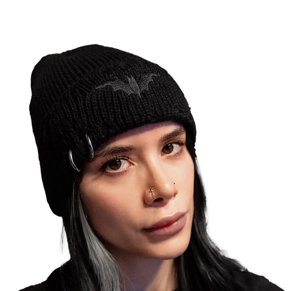 Distressed Pierced Beanie [Black Bat]