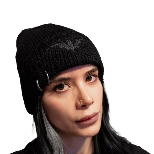 Distressed Pierced Beanie [Black Bat]