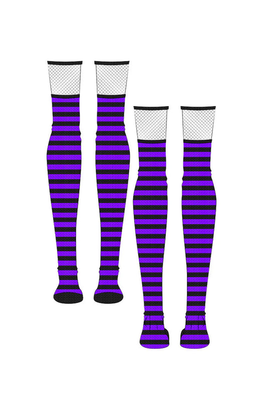 Fishnet Garter Thigh High Socks (Black/Purple)