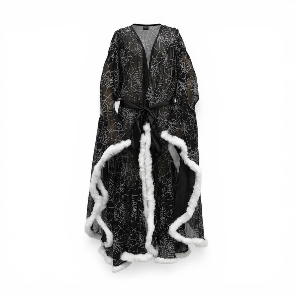 Western Evil Venoma Black Boudoir Feathered Robe | Gothic Glamour & Sheer Luxury Lingerie