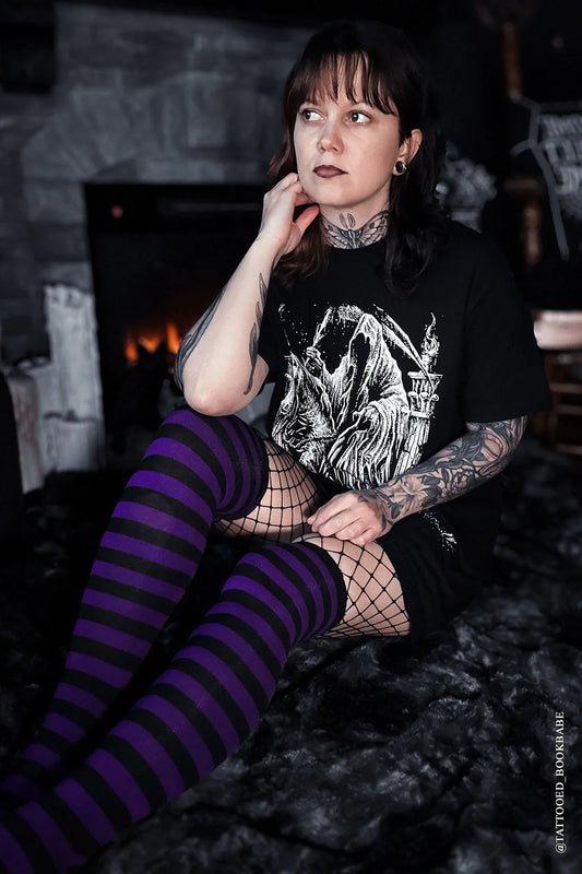 Fishnet Garter Thigh High Socks (Black/Purple)